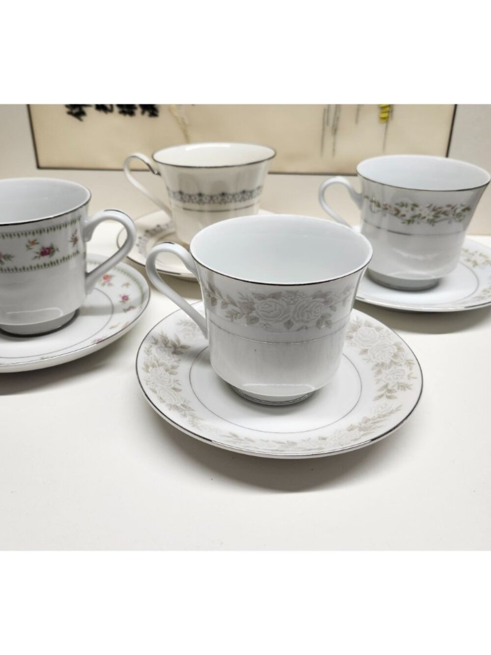 Mismatched China Tea Cups & Saucers Soft Floral Designs 4 Sets